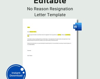Resignation Letter Template No Reason, 2 Week Notice Letter , Editable Word No Reason Resignation letter, Professional Quit Letter