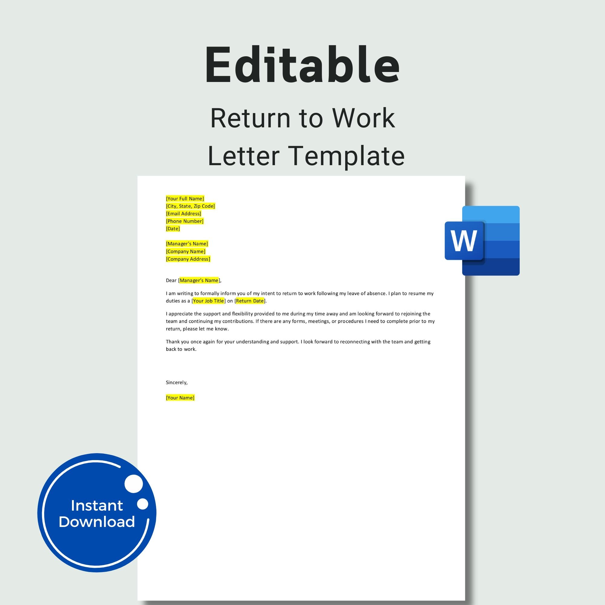 Editable Return to Work Letter Template Employee Return Letter Sick