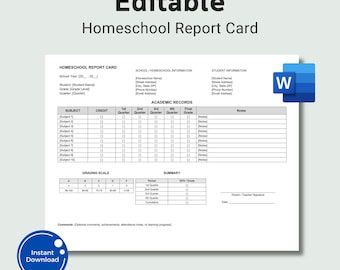 Editable Homeschool Report Card Template  Homeschool Grade Card  Student Progress Report  Microsoft Word  Printable School Record