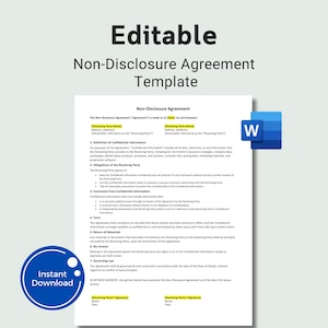 Editable Non-Disclosure Agreement Template. NDA forms. Confidential Disclosure Agreement. NDA Template Agreement Word PDF.