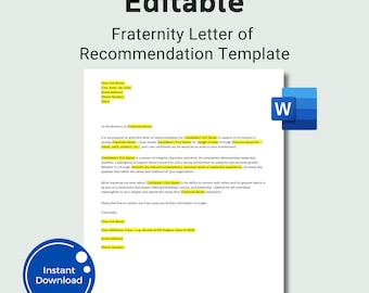 Editable Fraternity/Sorority of Recommendation Template, Recommendation Letter Template, Fraternity Recommendation Letter, Fraternity Letter