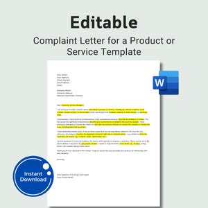 Editable Complaint letter, letter for complain, complaint template, Complaint Letter for a Product or Service Template Refund Letter