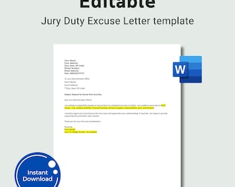 Editable Jury Excuse Letter Template, Jury Excuse Note, Jury Excuse Form Template, Jury Excuse Letter, Letter Template, Word Template