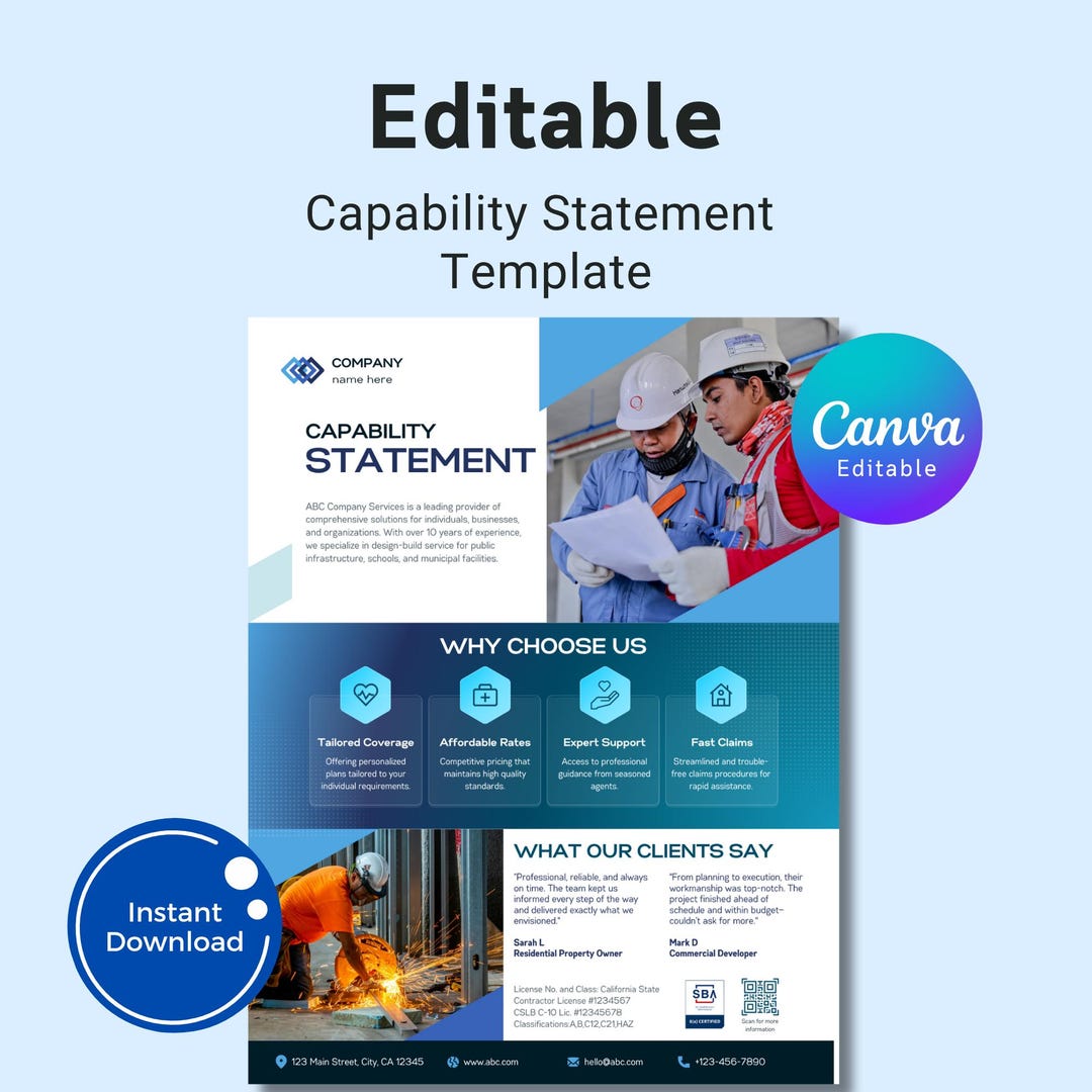 Editable Construction Company Capability Statement Template: Canva ...