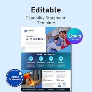 Peut inclure: Un modèle de déclaration de capacité modifiable bleu clair et blanc. Le modèle comprend le texte "Déclaration de capacité" et "Pourquoi nous choisir". Le modèle comprend également le texte "Téléchargement instantané" et "Canva modifiable".