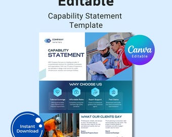 Editable Capability Statement Template Canva, Construction Company Flyer, Business Capability Statement, Construction Company Overview Flyer