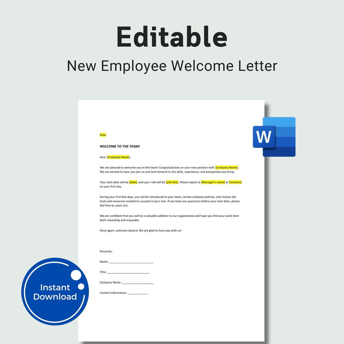 Editable New Employee Welcome Letter Template, Word Template, HR ...