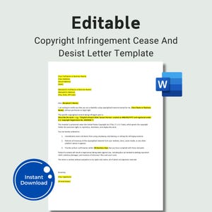 May include: Editable Copyright Infringement Cease and Desist Letter Template. The document includes fillable fields for business information and recipient details. A blue and white "Instant Download" badge is in the lower left corner, with a Microsoft Word icon in the upper right.
