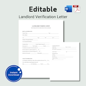 May include: A white Landlord Verification Letter template with fillable fields for rental and utility information. The words "Editable" and "Landlord Verification Letter" are at the top. Includes a blue "Instant Download" button.
