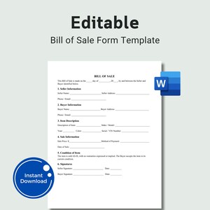 Editable Bill of Sale, Printable Bill of Sale Form Template, Sale Receipt, Sale Agreement, Bill of Sale Contract Word, PDF US Letter Size