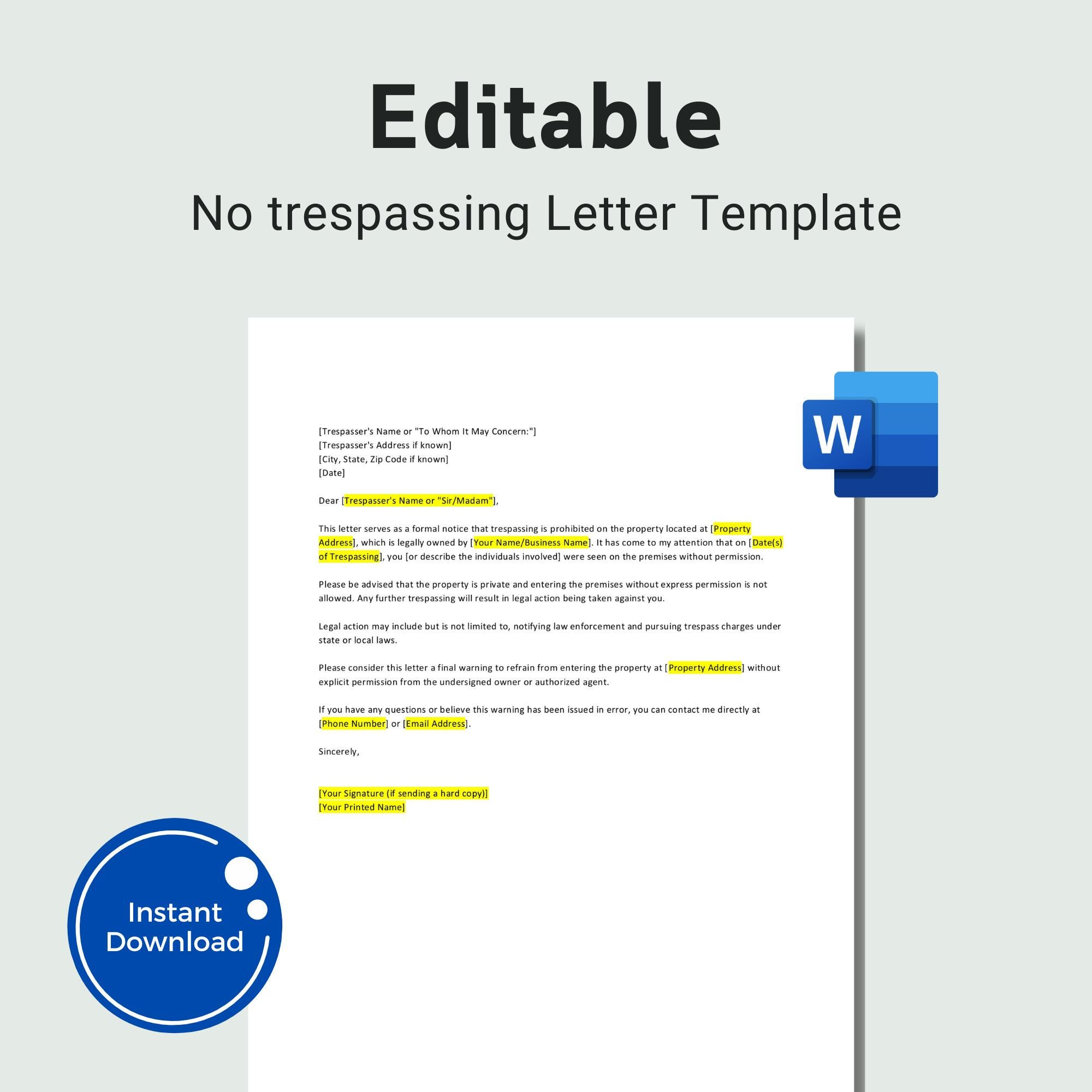 Editable no trespassing letter, no trespass notice template, no trespassing warning letter, no trespassing letter Microsoft Word file