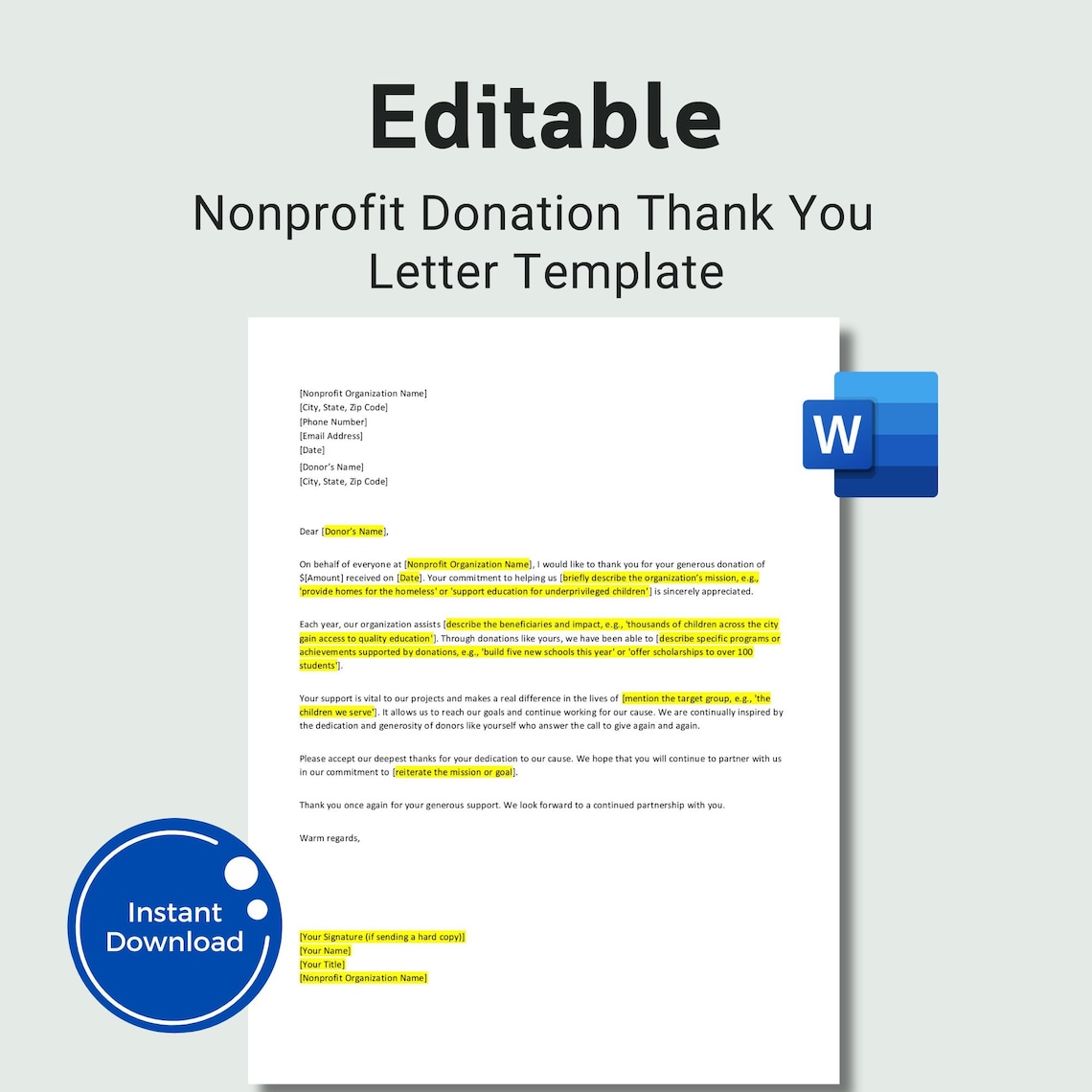 Donation Notes Editable Nonprofit Donation Thank You Letter Template, Thank You Note ...
