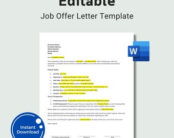 Puede incluir: Una plantilla de carta de oferta de trabajo editable, blanca, con el texto "Editable Job Offer Letter Template" en la parte superior. Incluye un logotipo "W" azul y blanco y un círculo azul con el texto "Instant Download".