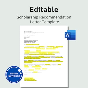 Plantilla de carta de recomendación de beca editable, plantilla de carta de beca, carta de referencia para beca Carta académica