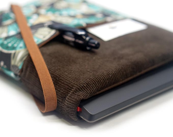 Custom-made chocolate velvet e-reader case – Turquoise Japanese fan pattern – Kindle, Kobo, Vivlio, Touch, Libra, Paperwhite cover