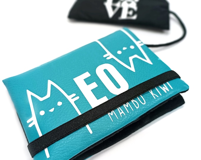 Turquoise women's wallet with meom cat fabric - Original handmade personalized gift