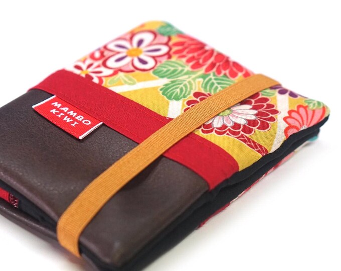 Japanese brown leather wallet for women, small women's wallet, leather card holder with floral fabric, personalized gift for women, graphic