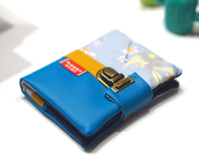 Small Japanese blue Sakura wallet, turquoise leather, cherry blossom fabric, women's schoolbag wallet, personalized wife gift