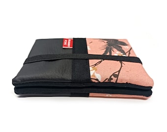 Carteira feminina Sakura em couro preto, tecido com flor de cerejeira e pássaro, com elástico, carteira japonesa, presente feito à mão para esposa