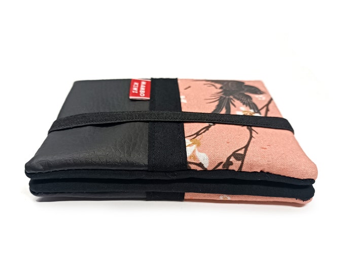 Sakura women's wallet black leather cherry blossom and bird fabric with elastic, Japanese wallet, handmade gift for wife