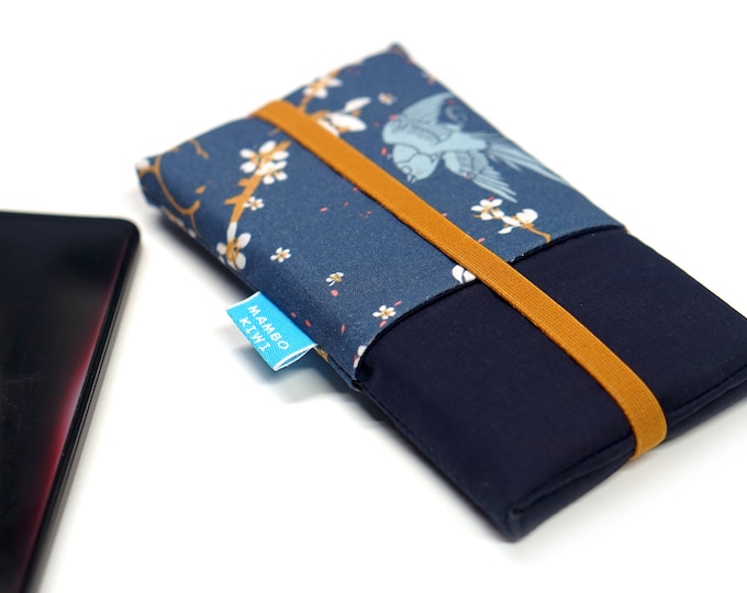 Japanese fabric mobile phone case blue cherry blossoms with pockets, padded Samsung case, custom iPhone cover, women's gift idea