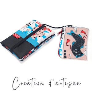 Portefeuille original similicuir noir tissu japonais Tokyo - Sushi carpe éventail chat de la chance avec élastique - dée cadeau fan du japon