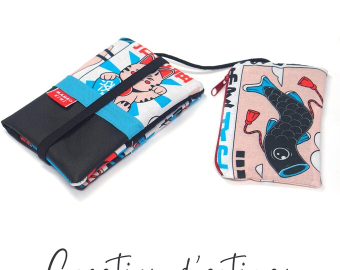 Original black faux leather wallet in Japanese Tokyo fabric - Sushi carp fan lucky cat with elastic - gift idea for a Japanese fan