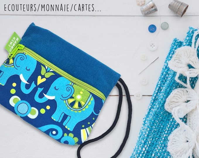 Animal print velvet pouch with wrist strap - elephant - Small compact handmade purse - Ethnic prosperity & longevity gift