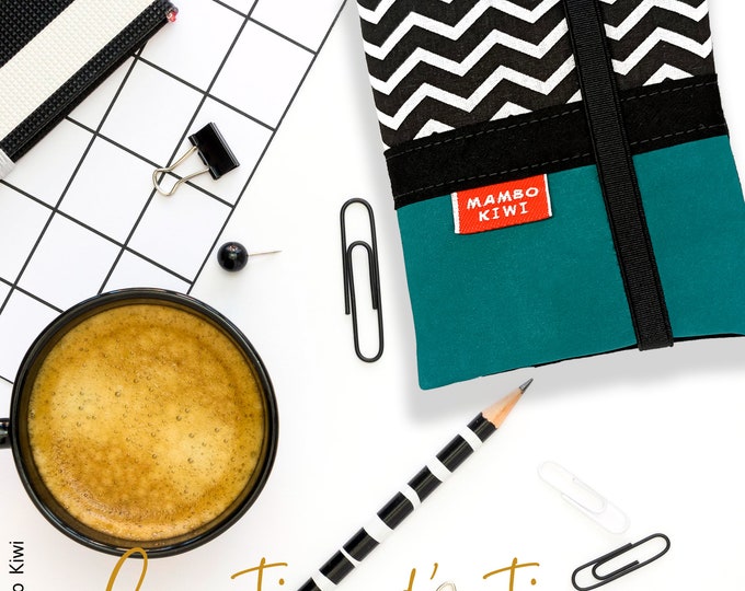 Small minimalist handmade women's wallet - turquoise faux leather card holder & black and white graphic fabric - practical gift idea