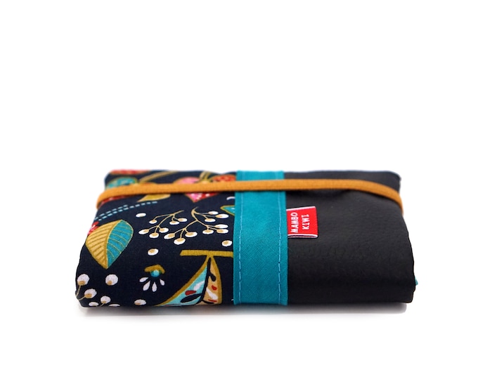 Small women's wallet in black leather with colorful flower fabric and elastic band, card holder, handmade Christmas gift for women