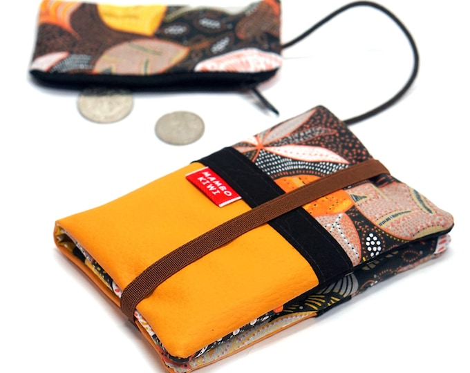 Original women's wallet in yellow faux leather with autumn leaves fabric and elastic band, passport card holder, handmade gift