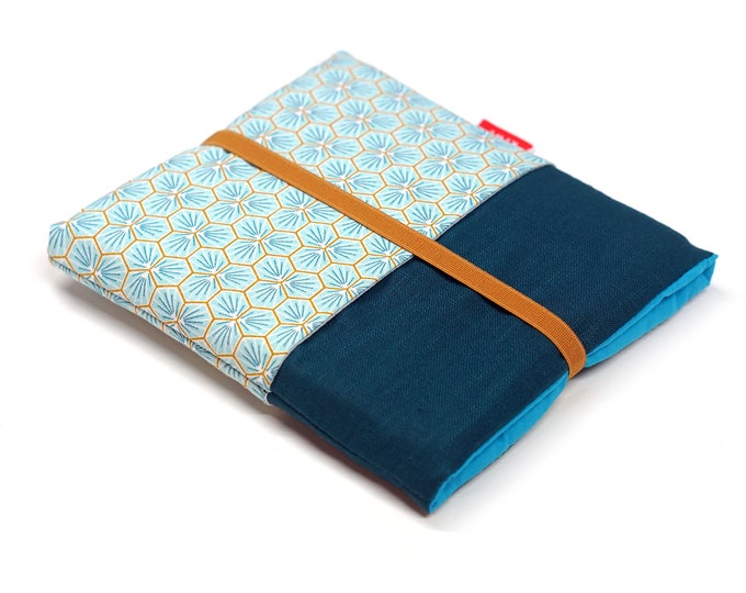 Custom-made e-reader case - Turquoise linen & Japanese fabric with pockets - For Kindle, Kobo, Vivlio... - Travel ebook reading gift