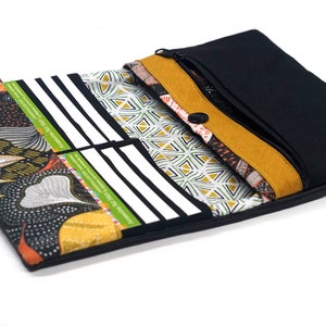Portefeuille chéquier femme cuir noir tissu feuilles automnales avec élastique, porte-cartes passeport, cadeau fait main femme noël image 6