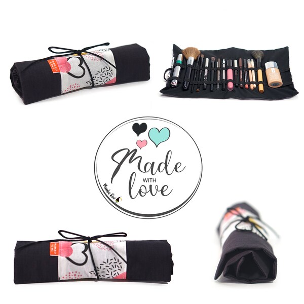 Trousse à rouler pour pinceaux et crayons maquillage en lin gris anthracite et tissu coeurs avec lanières, étui maquillage fait main femme