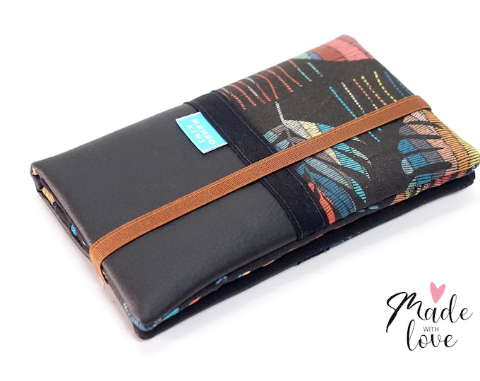 XL vegan boho wallet for checkbook, cards, coins - black faux leather & Indian feather fabric with elastic - Boho gift