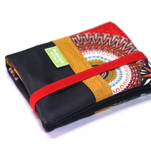Portefeuille femme cuir noir, portefeuille simili cuir, portefeuille tissu mandalas, porte-cartes, portefeuille personnalisé, cadeau noël