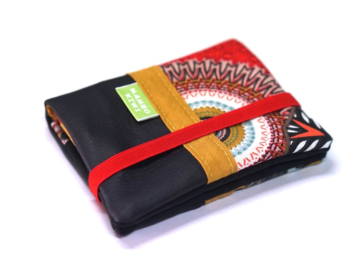 Black leather women's wallet, faux leather wallet, mandala fabric wallet, card holder, personalized wallet, Christmas gift