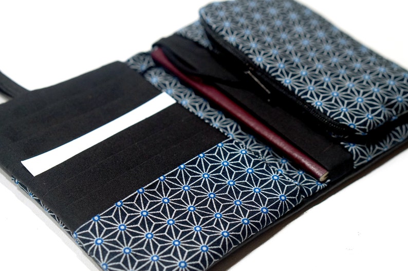 Portefeuille passeport cuir noir tissu japonais Asanoha avec élastique, porte cartes original, portemonnaie japon, idée cadeau voyage image 5