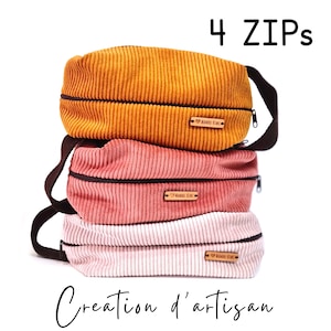 Estojo de veludo cotelê XXG com 4 bolsos - Caramelo, coral, rosa vintage - Maquiagem, artigos de higiene, lápis ou acessórios - Ideia de presente de viagem