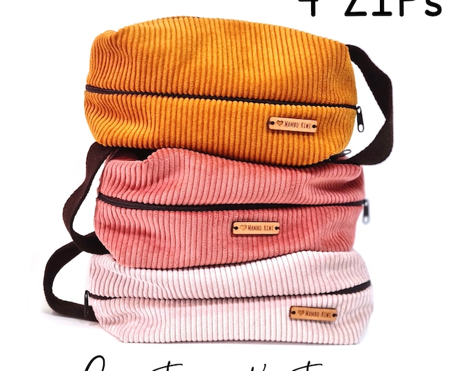 XXL 4-pocket corduroy pencil case - Caramel, coral, vintage pink - Makeup, toiletries, pencils or accessories - Travel gift idea