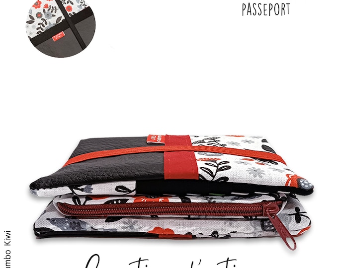 Personalized travel gift for women - Handmade vegan passport wallet - black faux leather & red floral fabric