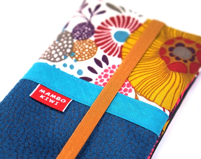 Colorful women's checkbook wallet with elastic in leather and flower fabric, card holder, handmade wallet, gift idea for women