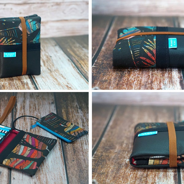 Original wallet in black leather boho feather fabric with elastic closure, original handmade birthday gift