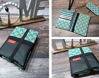 Women's wallet black leather green Japanese fabric with elastic, passport wallet card holder, handmade gift for women, personalized