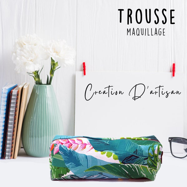 Trousse tropical,  trousse rangement maquillage, trousse rose et verte, trousse rectangulaire feutres et crayons, cadeau femme anniversaire