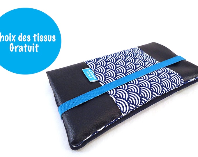 large checkbook wallet in navy blue imitation leather Japanese wave fabric with elastic, Christmas gift for Japan lovers