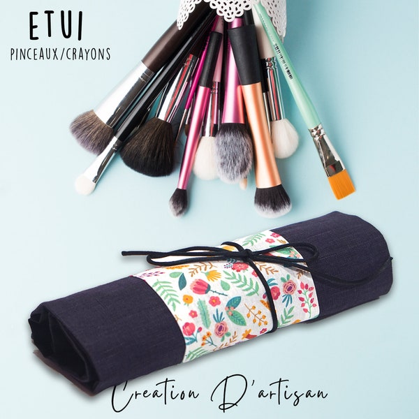 étui à rouler pinceaux et crayons maquillage, pochette enroulable en lin tissu floral, trousse à crayons, idée cadeau maman fait main