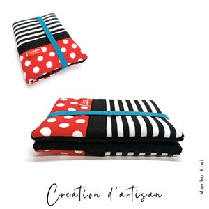 Portafoglio piccolo da donna in tessuto minimal a righe e pois rossi con elastico, portacarte, colorata idea regalo di Natale