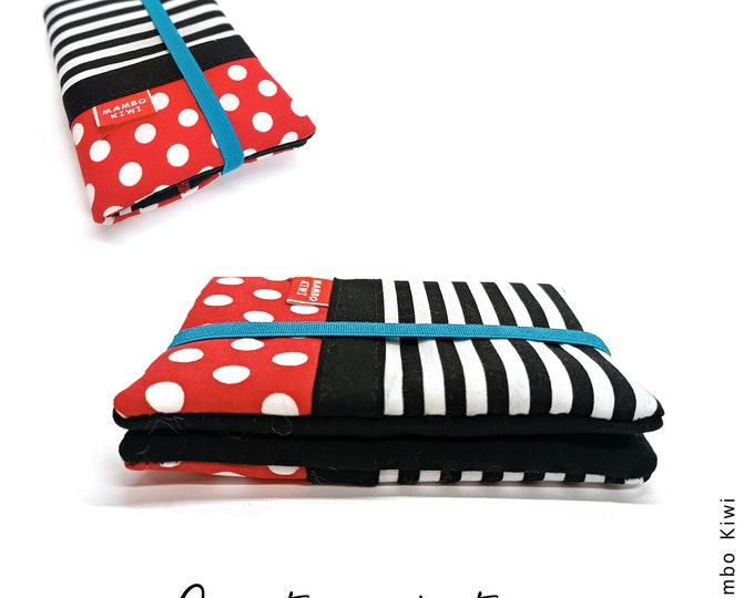 Small women's wallet in minimalist fabric with red stripes and polka dots with elastic, card holder, colorful Christmas gift idea
