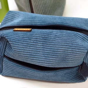 Grote, verfijnde etui van blauw fluweel met 4 ritsen – Toilettas, kabels of gereedschap – Praktische organizer voor heren – Handgemaakte vintage stijl